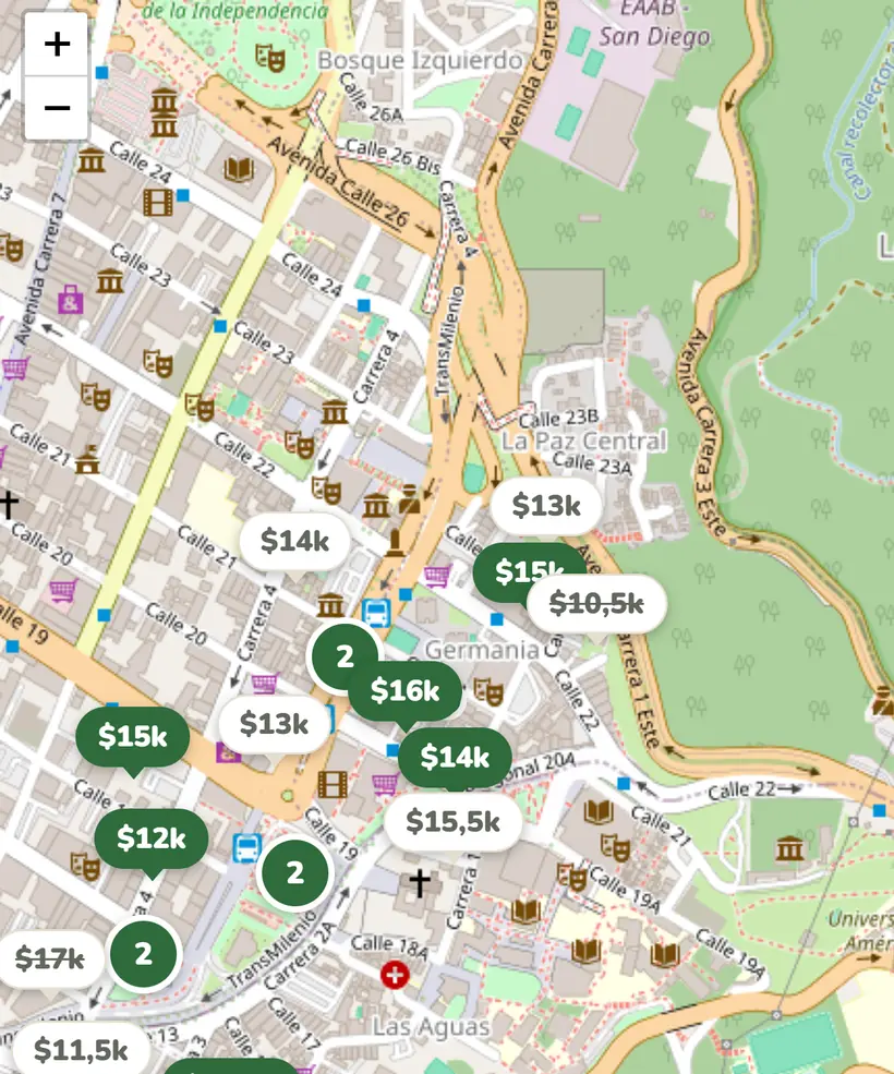 Mapa de Bogotá con los precios del almuerzo de cada restaurante